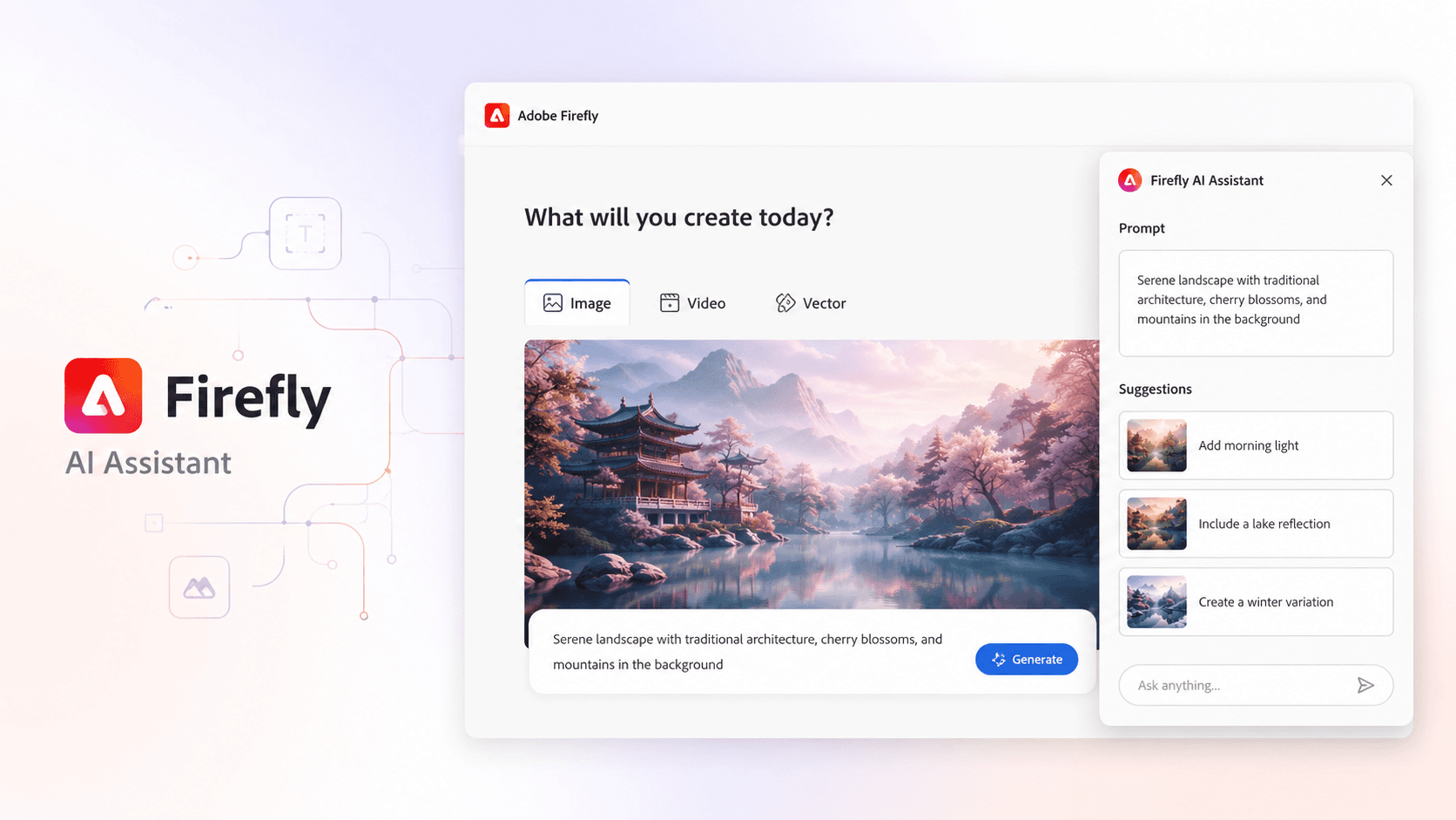Интерфейс Firefly AI Assistant с prompt panel и редактором контента