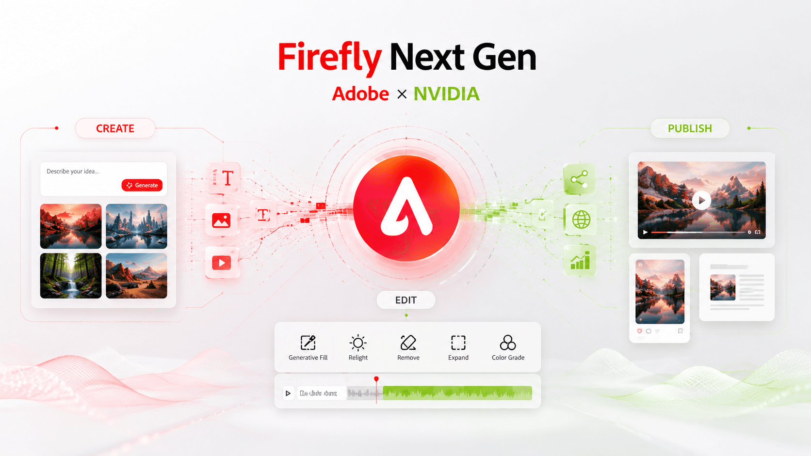 Firefly Next Gen с Adobe и NVIDIA, центральным логотипом и цепочкой create edit publish